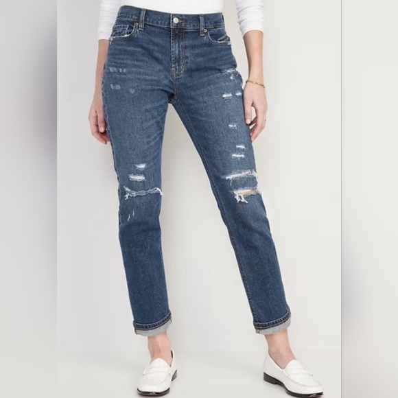 Old Navy Barbara Dark Wash Ripped Boyfriend Straight Denim Blue Jeans Sz 4 NEW - Picture 1 of 16